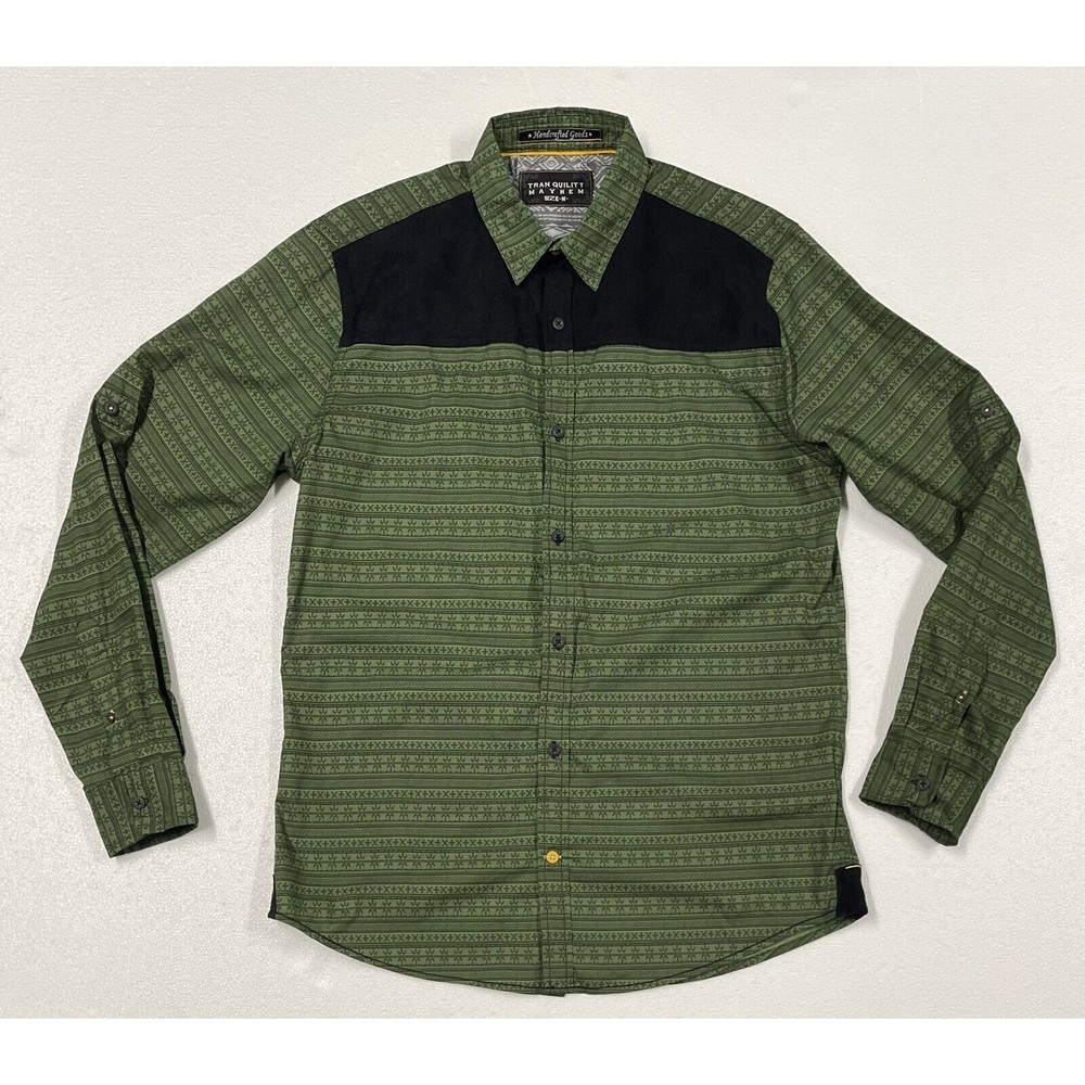 Tranquility Mayhem Green Button Down Shirt Mens Size M Roll Tab Sleeve
